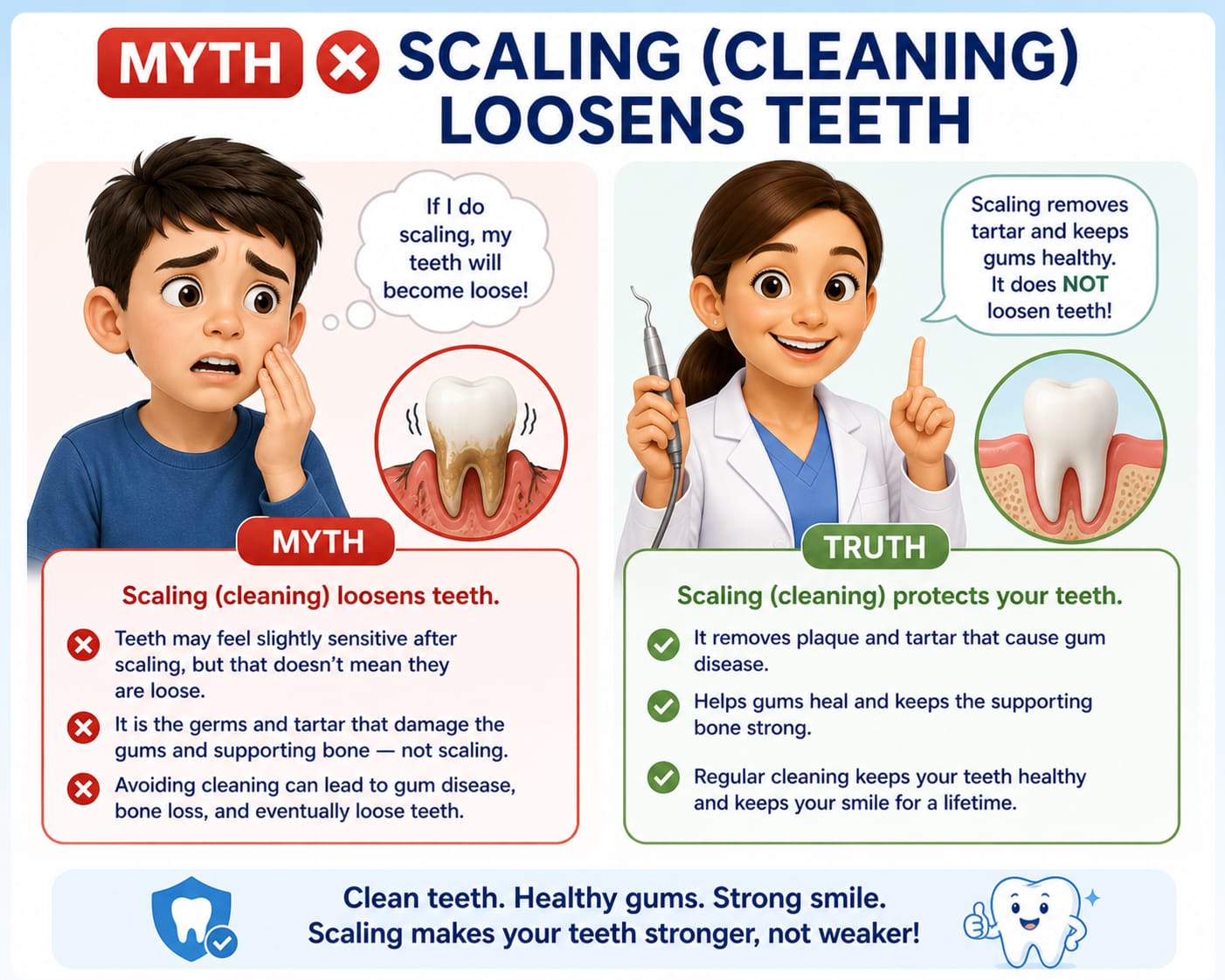 Dental myth and fact poster about scaling and loose teeth